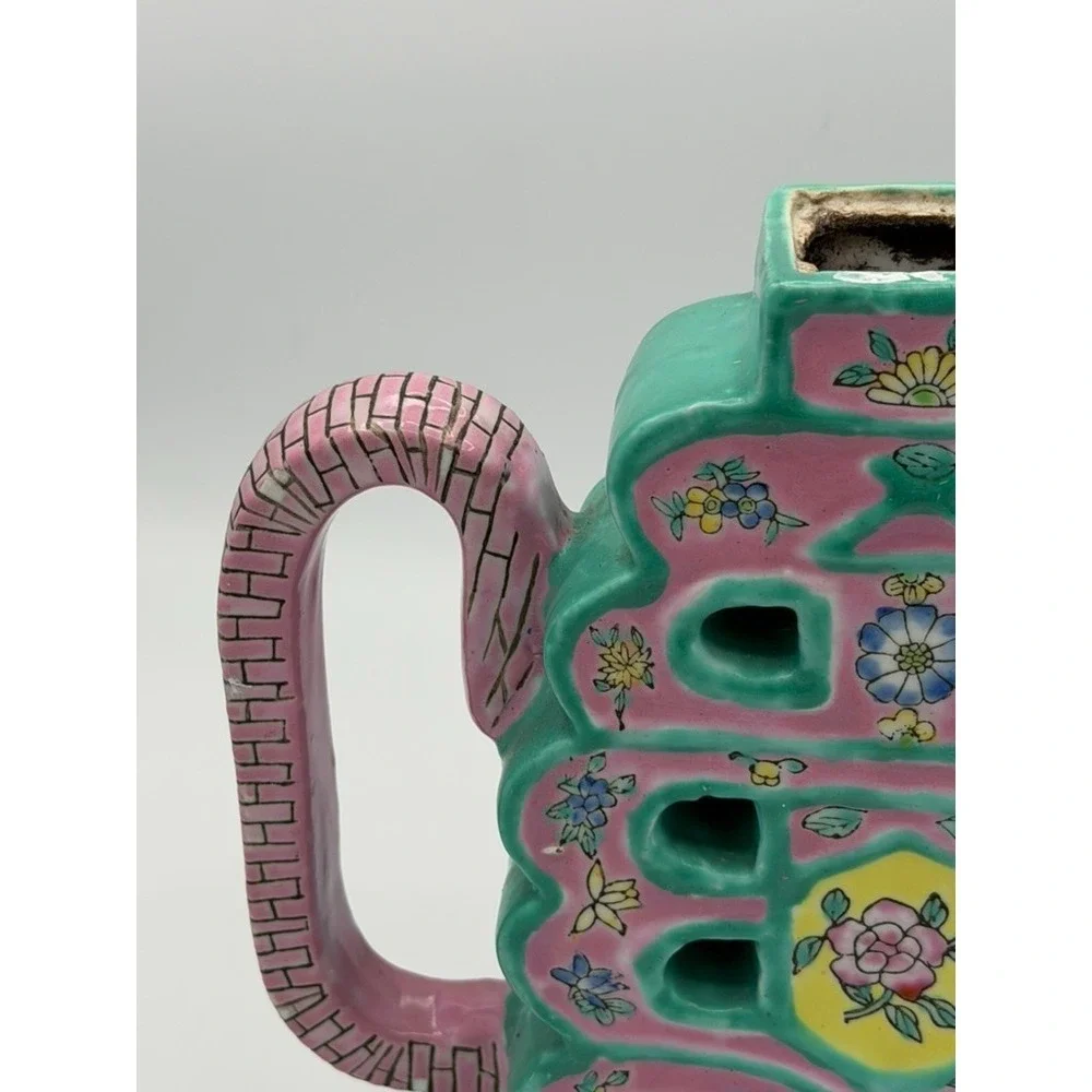 Vintage Chinese Porcelain Planter Teapot Style Pink Green Floral Decor